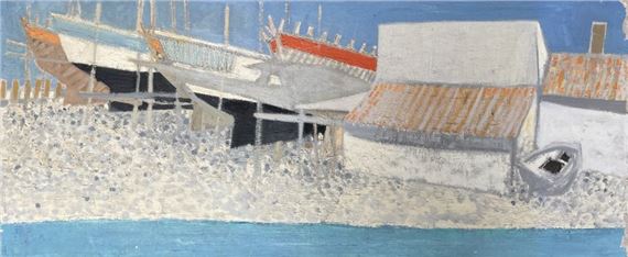 Henri Van Moé (1930-1989) Chantier de bateaux, Oil on canvas Titled on back H: 56x135 cm (Corners missing) - Henri Van Moé