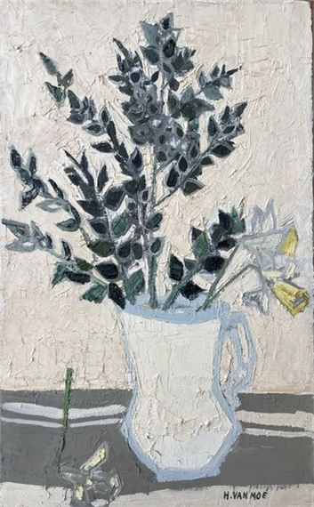 Henri Van Moé (1930-1989) Le bouquet de fragon, Oil on canvas Titled on back H: 54x33 cm