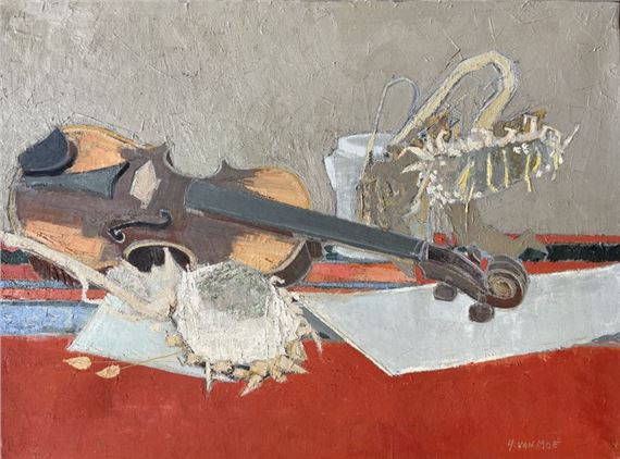 Henri Van Moé (1930-1989) Still life - The violin, Oil on canvas Signed lower right Titled on back H: 60x81 cm by Henri Van Moé
