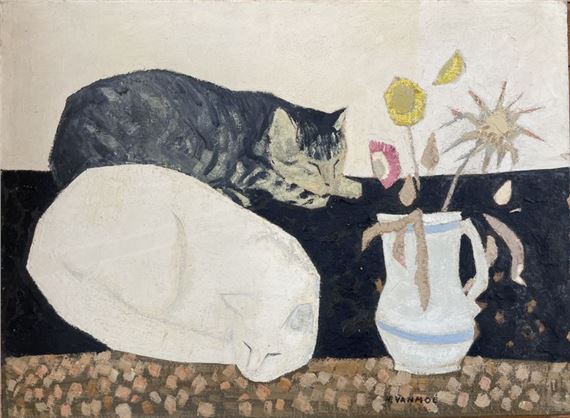 Henri Van Moé (1930-1989) Les chats, Oil on canvas Signed lower right Titled on back H: 54x73 cm