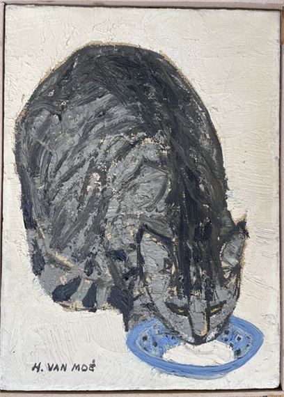 Henri Van Moé (1930-1989) Untitled (Cat with cup), Oil on canvas Signed lower right H: 32.5x24 cm