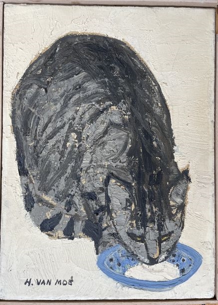 Artwork by Henri Van Moé, Henri Van Moé (1930-1989) Untitled (Cat with cup), Oil on canvas Signed lower right H: 32.5x24 cm, Made of Oil on canvas