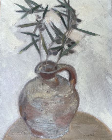 Henri Van Moé (1930-1989) Untitled (Jug and olive branch), Oil on canvas Signed lower right H: 41x33 cm