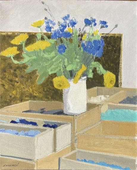 Henri Van Moé (1930-1989) Untitled (Still life with yellow and blue bouquet), Oil on canvas Signed lower left H: 65x54 cm by Henri Van Moé
