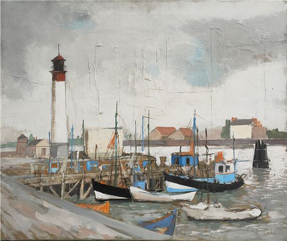 Pierre-Marie Rudelle | Bateaux au pied du phare dans le port | MutualArt