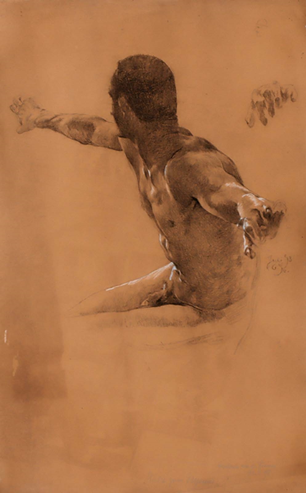 Artwork by Otto Greiner, Sitzender männlicher Akt mit ausgebreiteten Armen, Made of Hand