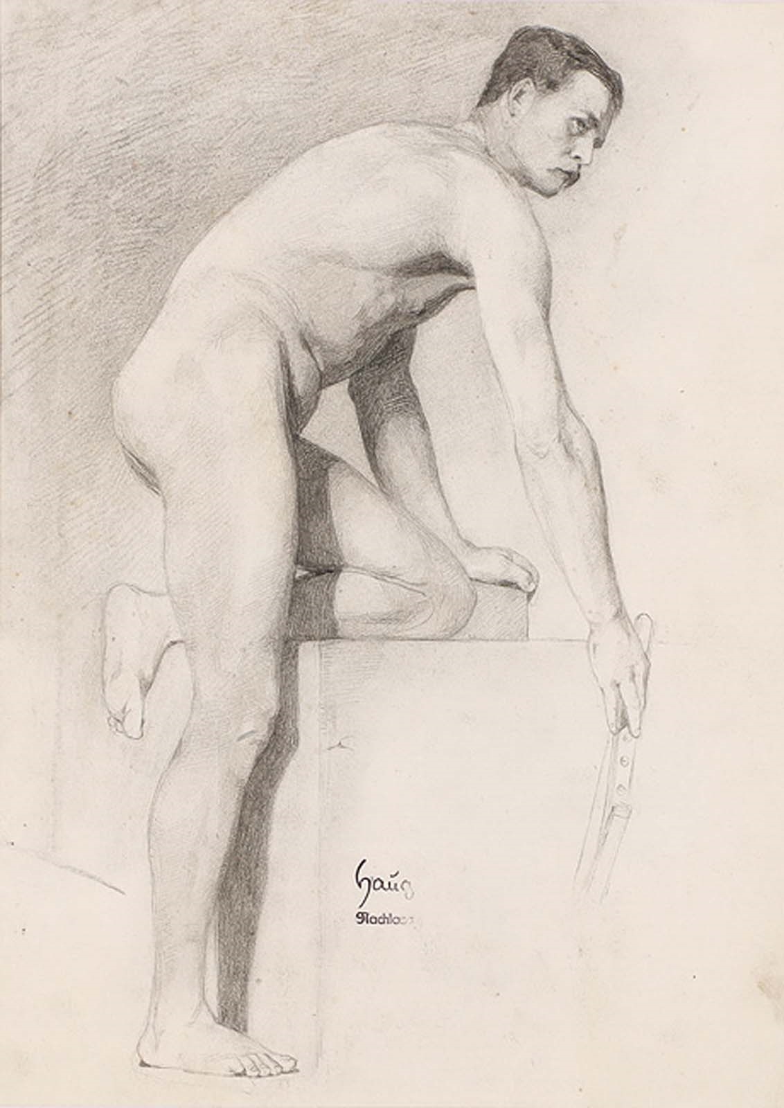 Artwork by Robert Von Haug, Liegender männlicher Akt - Männlicher Akt, von der Seite gesehen - Reiterstudie