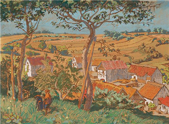 Krähender Hahn vor einem Dorf