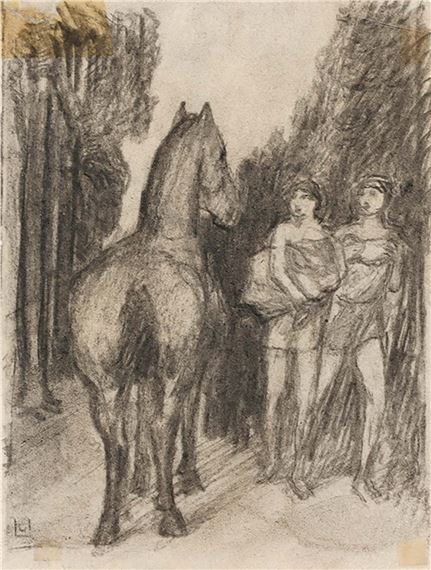 Zwei Knaben und ein Pferd auf einem Waldweg