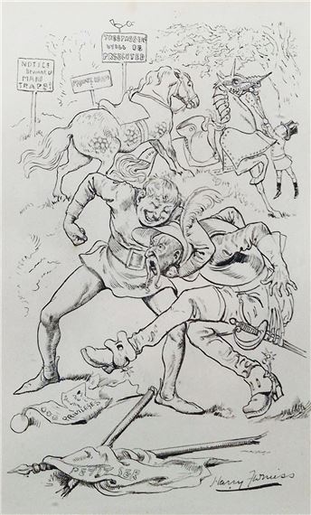Harry Furniss (1854-1925) Pen and ink Historical cartoon depicting two men in a fight, one with - Harry Furniss