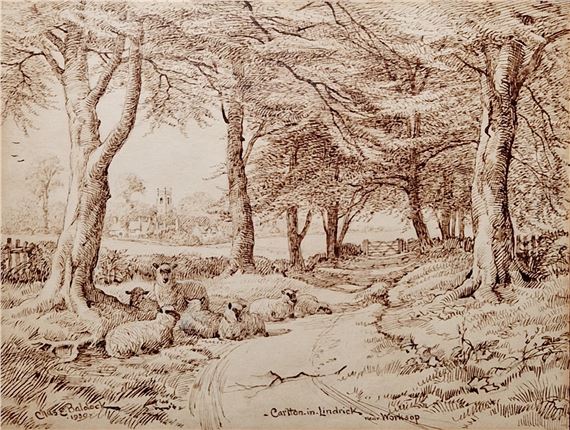Charles Edwin Baldock (1876-1941) Pen and ink drawing 'Carlton-in-Lindrick, Near Worksop', sheep - Charles Edwin M. Baldock