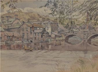 A view of a town and river with stone arched - J. Bateman
