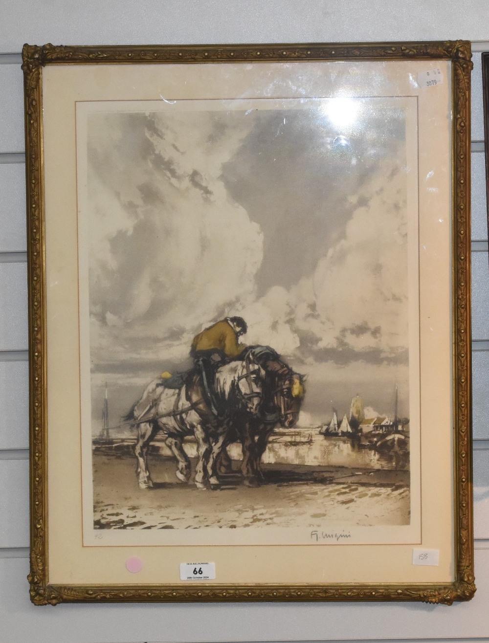 Artwork by Ferdinand-Jean Luigini, Work horses in a harbour, Made of aquatint