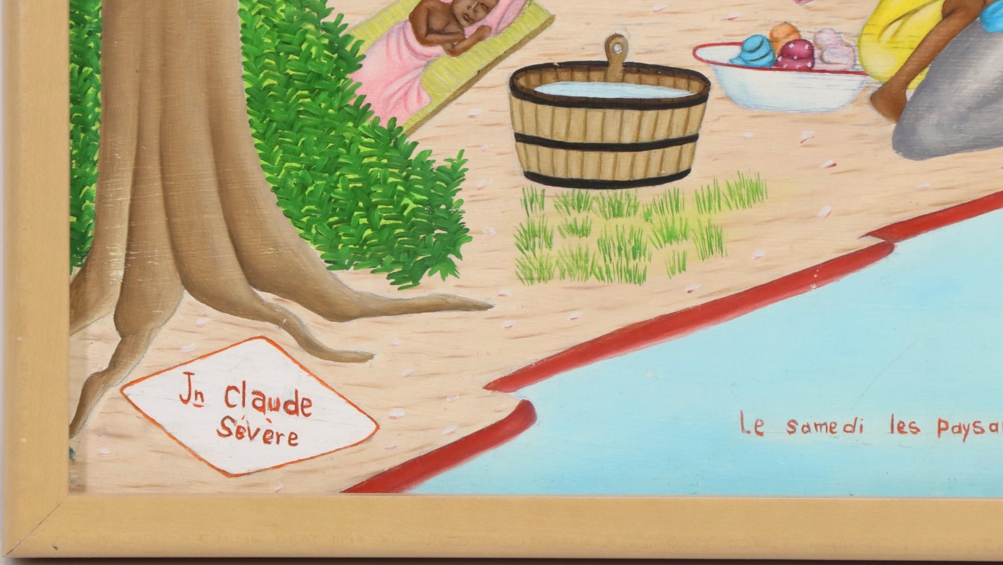 Artwork by Jean Claude Severe, Haitian folk art landscape, Made of Oil on board