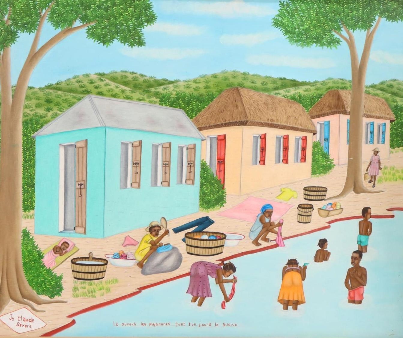 Artwork by Jean Claude Severe, Haitian folk art landscape, Made of Oil on board