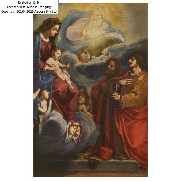 Artwork by Fabrizio Boschi, MADONNA WITH CHILD AND SAINTS COSMA AND DAMIAN, Made of oil on canvas