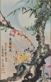 China, late 20th century, Watercolor on paper, depicting plum blossoms and chrysanthemums. Signed lower left Li Jiajing from the Xinggya workshop, dated Spring 1989. Bears an apocryphal Quang Nguyen stamp. Sight size. 47 x 29.5 cm - Li Jiajing