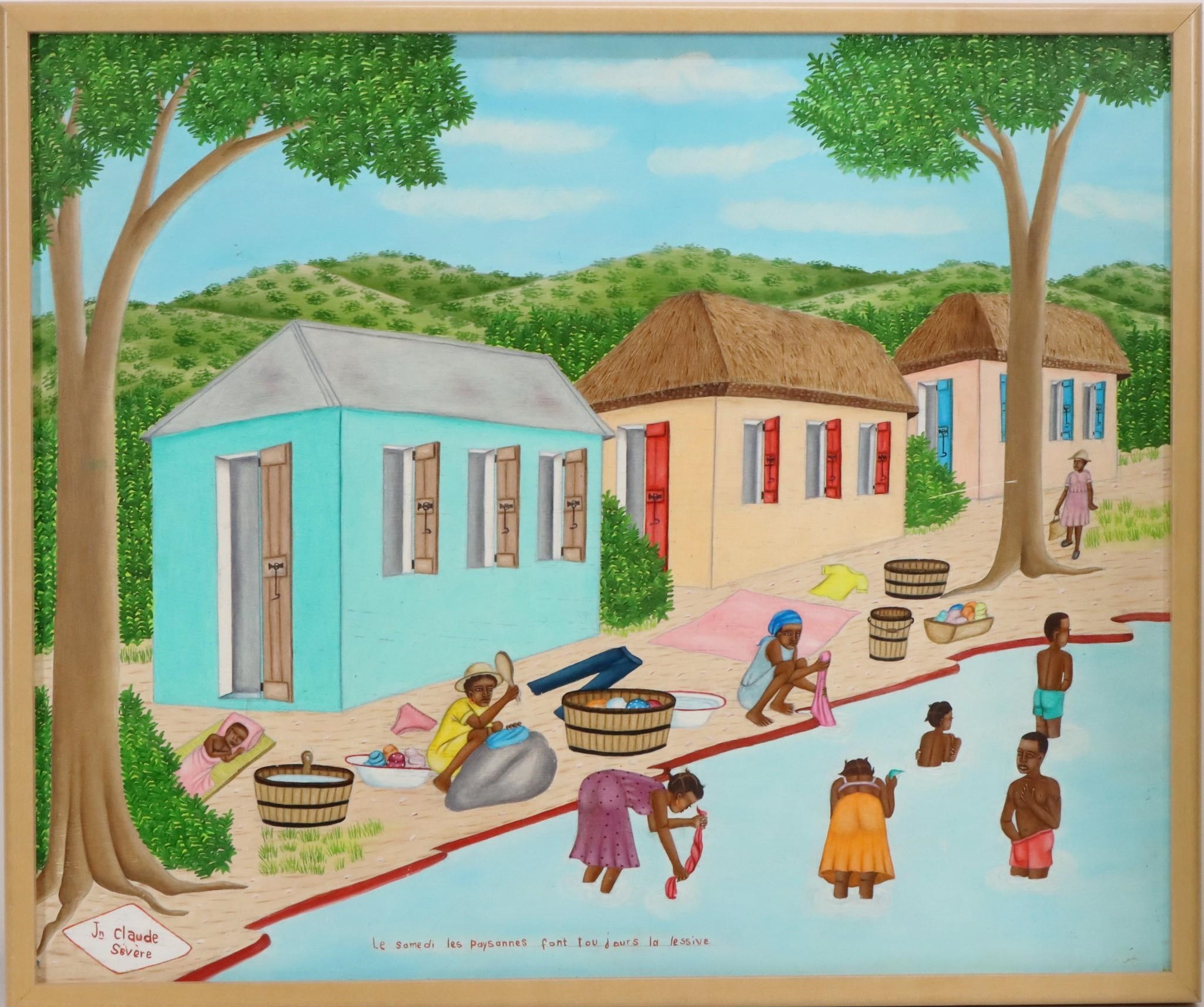 Artwork by Jean Claude Severe, Haitian folk art landscape, Made of Oil on board
