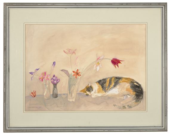 Elizabeth Blackadder | Tortoiseshell Cat and Flowers (1978) | MutualArt