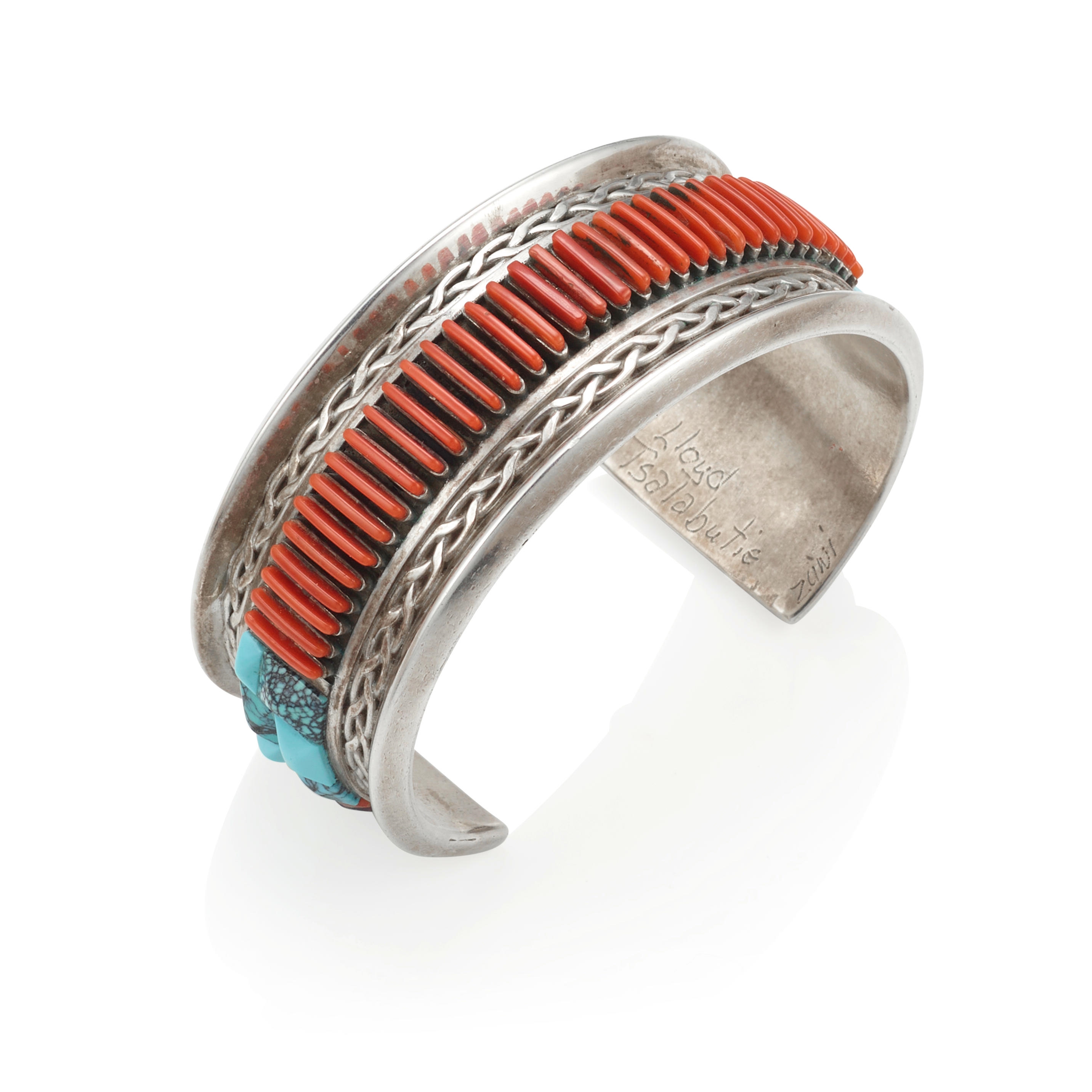 Artwork by Lloyd Tsalabutie, Cuff bracelet, Made of silver and multi-stone, coral, turquoise
