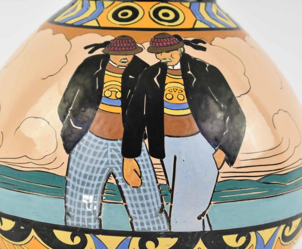 Artwork by Henriot Quimper, HENRIOT QUIMPER SEVELLEC FAIENCE BOULE VASE, Made of black, light blue, green