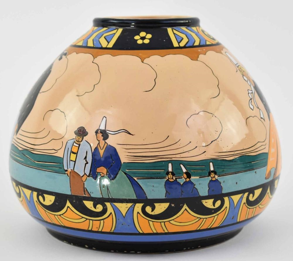 Artwork by Henriot Quimper, HENRIOT QUIMPER SEVELLEC FAIENCE BOULE VASE, Made of black, light blue, green