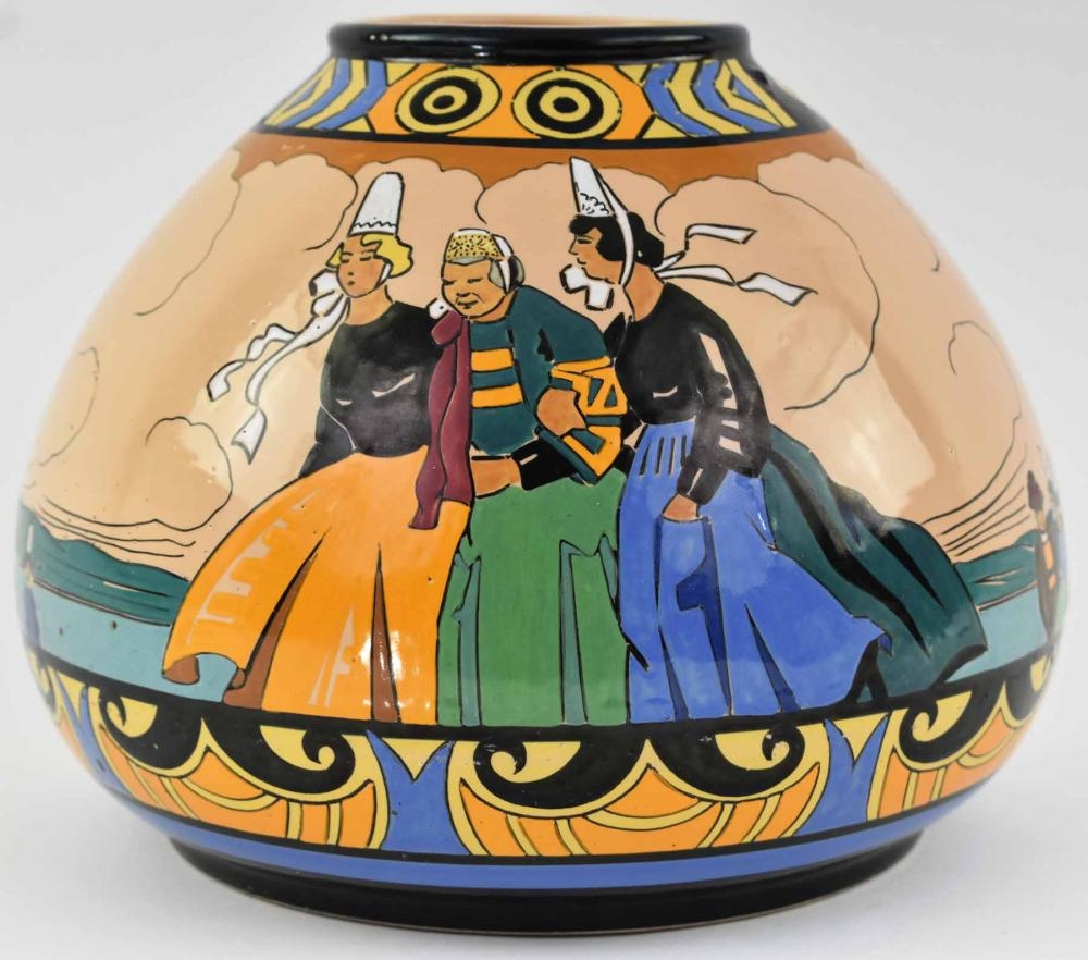 Artwork by Henriot Quimper, HENRIOT QUIMPER SEVELLEC FAIENCE BOULE VASE, Made of black, light blue, green