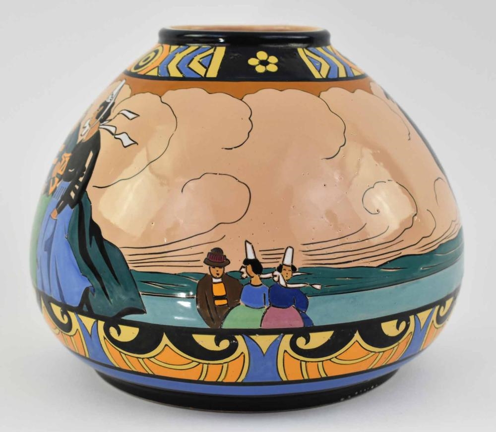 Artwork by Henriot Quimper, HENRIOT QUIMPER SEVELLEC FAIENCE BOULE VASE, Made of black, light blue, green