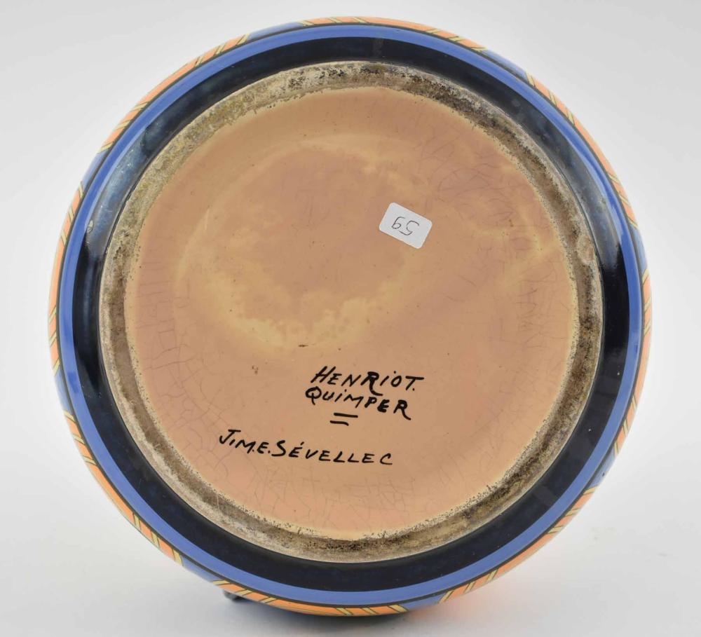 Artwork by Henriot Quimper, HENRIOT QUIMPER SEVELLEC FAIENCE BOULE VASE, Made of black, light blue, green