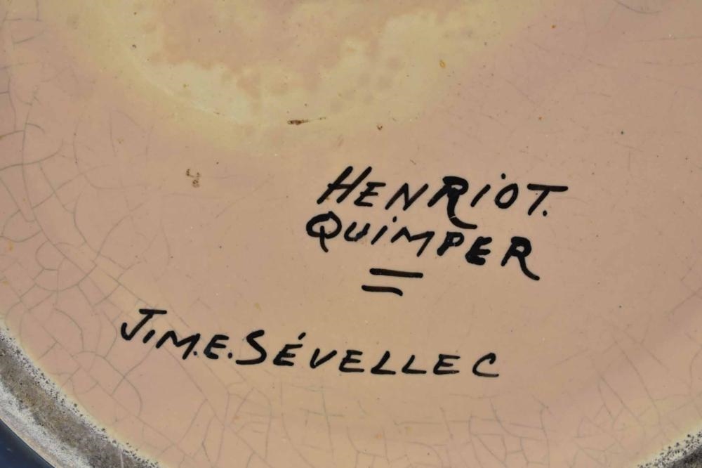 Artwork by Henriot Quimper, HENRIOT QUIMPER SEVELLEC FAIENCE BOULE VASE, Made of black, light blue, green