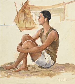 Carlo Romagnoli (1888-1965), Jeune homme sur la plage, 1929, huile sur carton toilé, signée, située "Lido" et datée "MCMXXIX", 42,5x38 c - Carlo Romagnoli