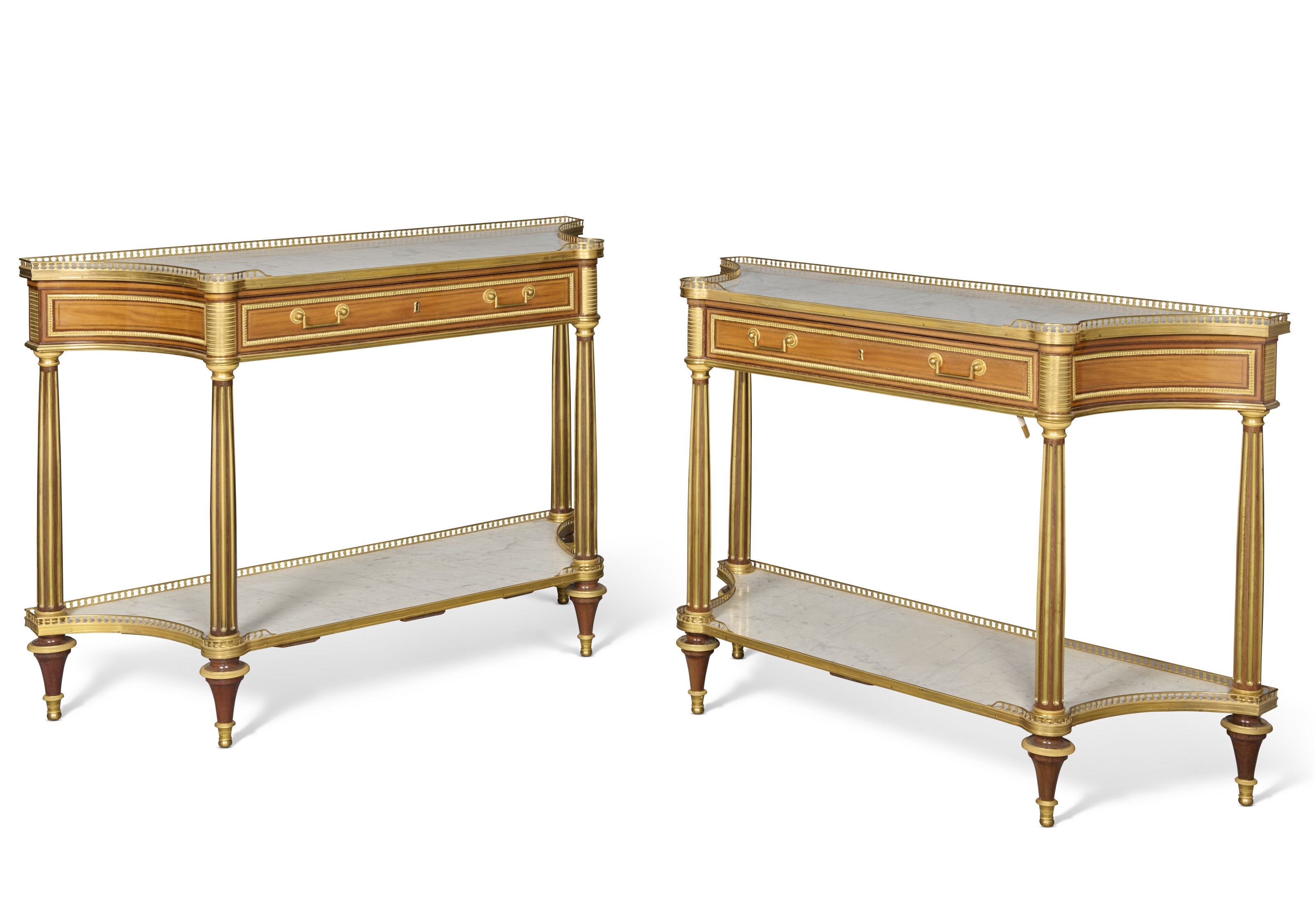 Artwork by Louis Moreau, A PAIR OF LOUIS XVI ORMOLU-MOUNTED AMARANTH AND BOIS CITRONNIER CONSOLES DESSERTES, Made of Ormolu, mounted amaranth and Lemon wood