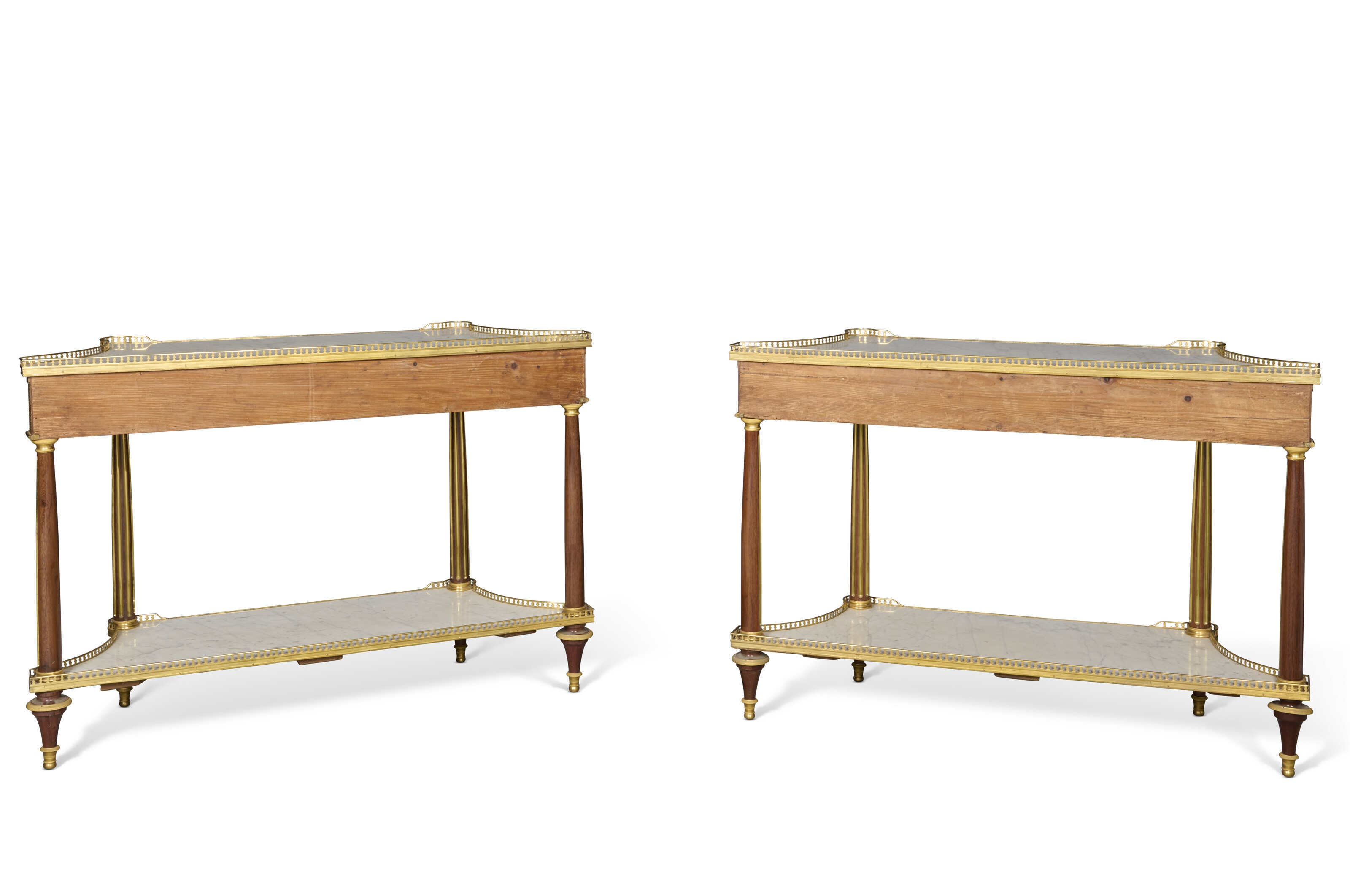 Artwork by Louis Moreau, A PAIR OF LOUIS XVI ORMOLU-MOUNTED AMARANTH AND BOIS CITRONNIER CONSOLES DESSERTES, Made of Ormolu, mounted amaranth and Lemon wood