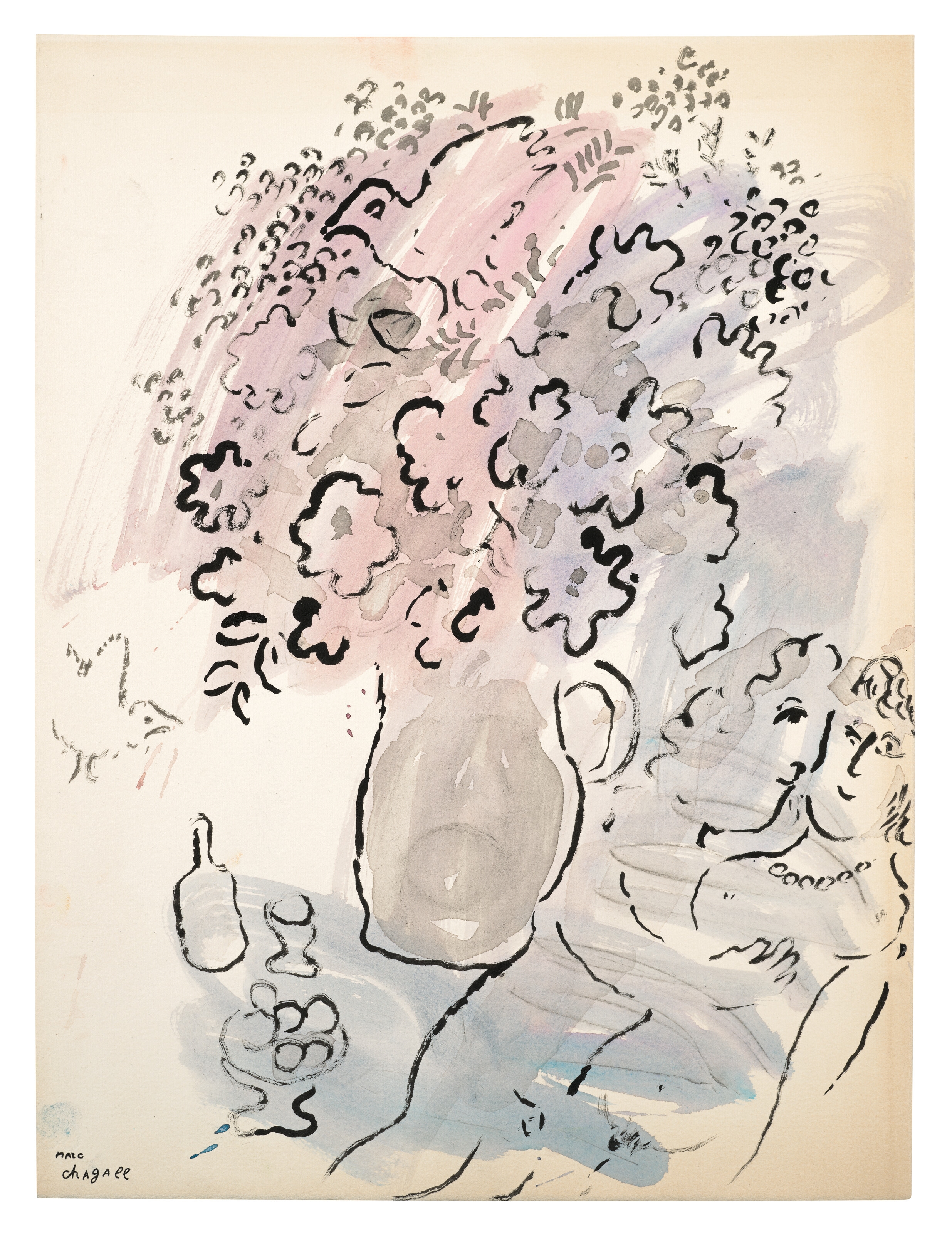 Marc Chagall | Bouquet rose-mauve aux amoureux (Circa 1978) | MutualArt