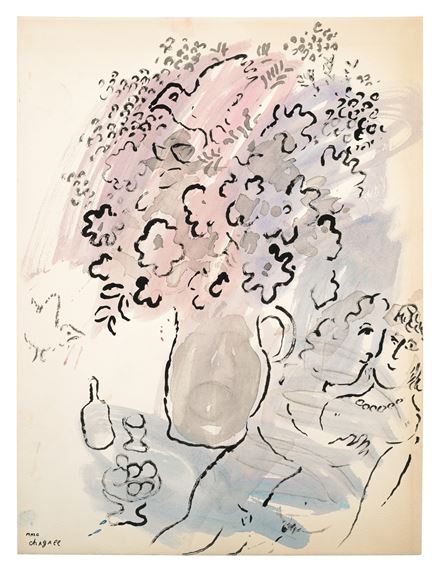 Marc Chagall | Bouquet rose-mauve aux amoureux (Circa 1978) | MutualArt