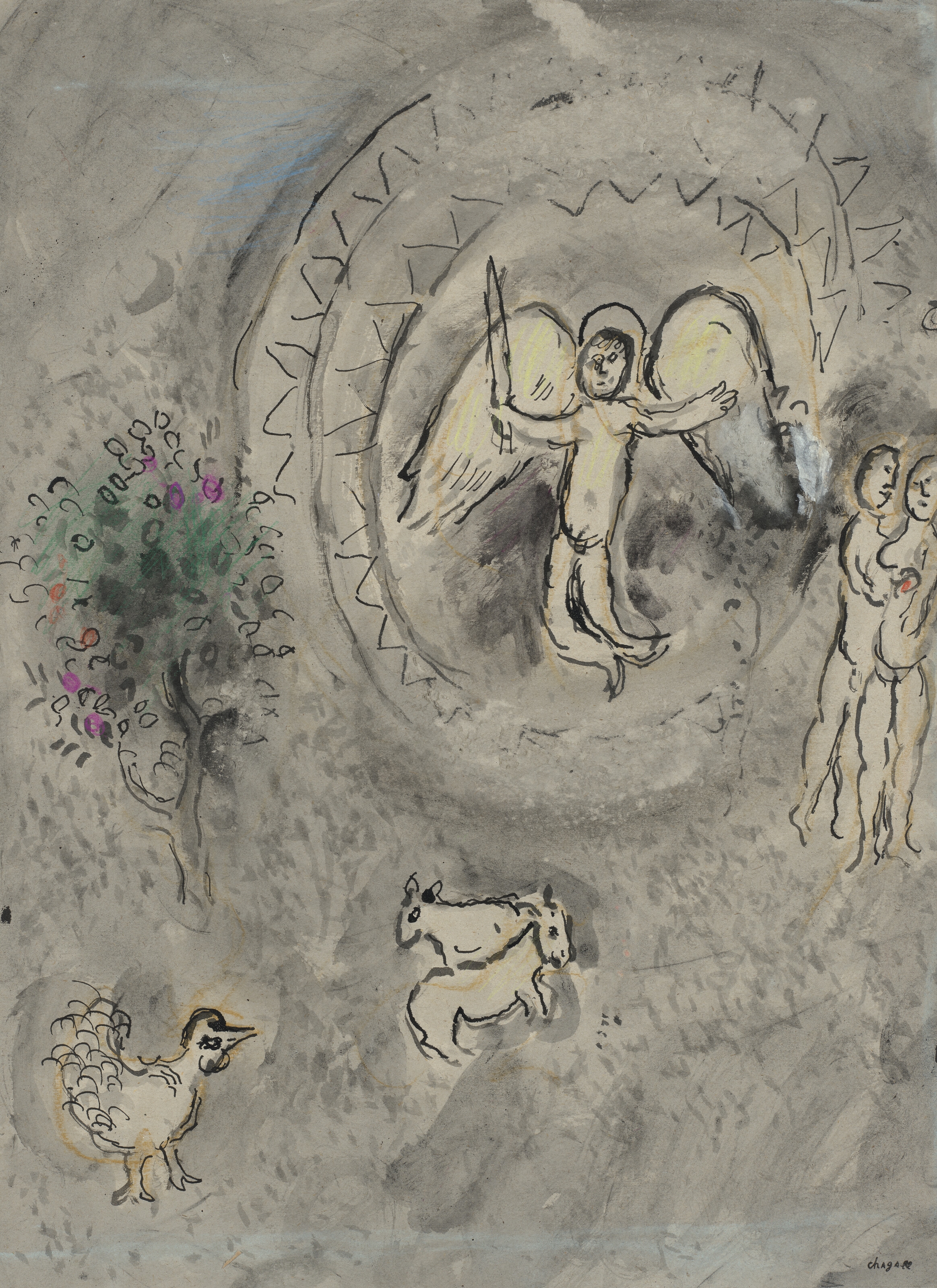Marc Chagall | L'Ange à l'épée au paradis sur fond gris (Circa 1983 ...