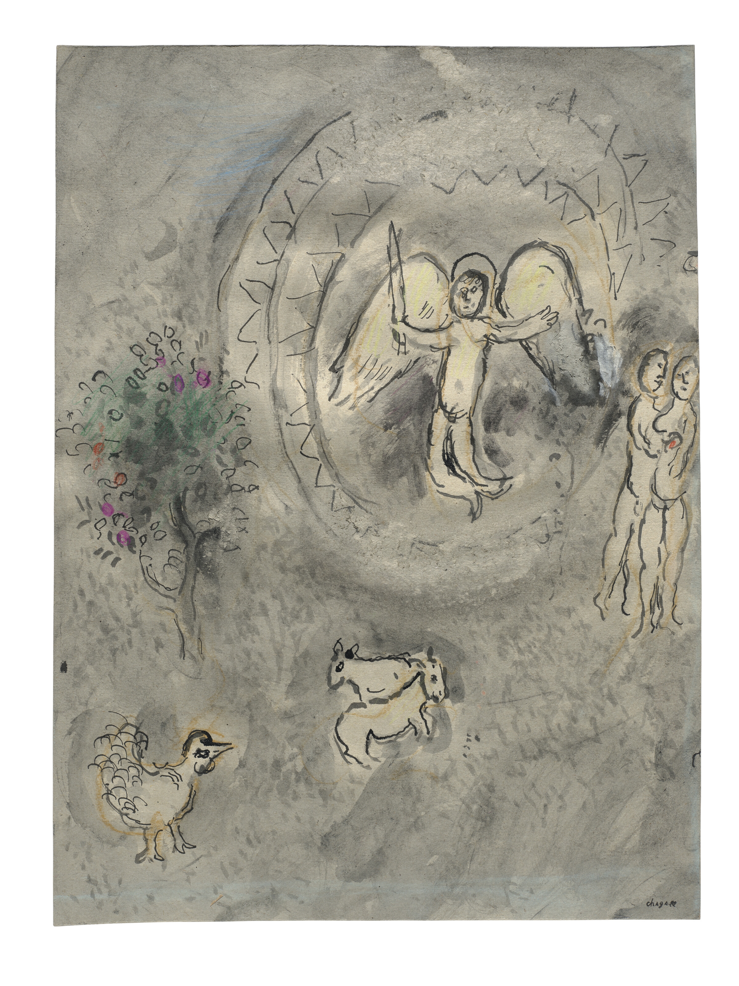 Marc Chagall | L'Ange à l'épée au paradis sur fond gris (Circa 1983 ...