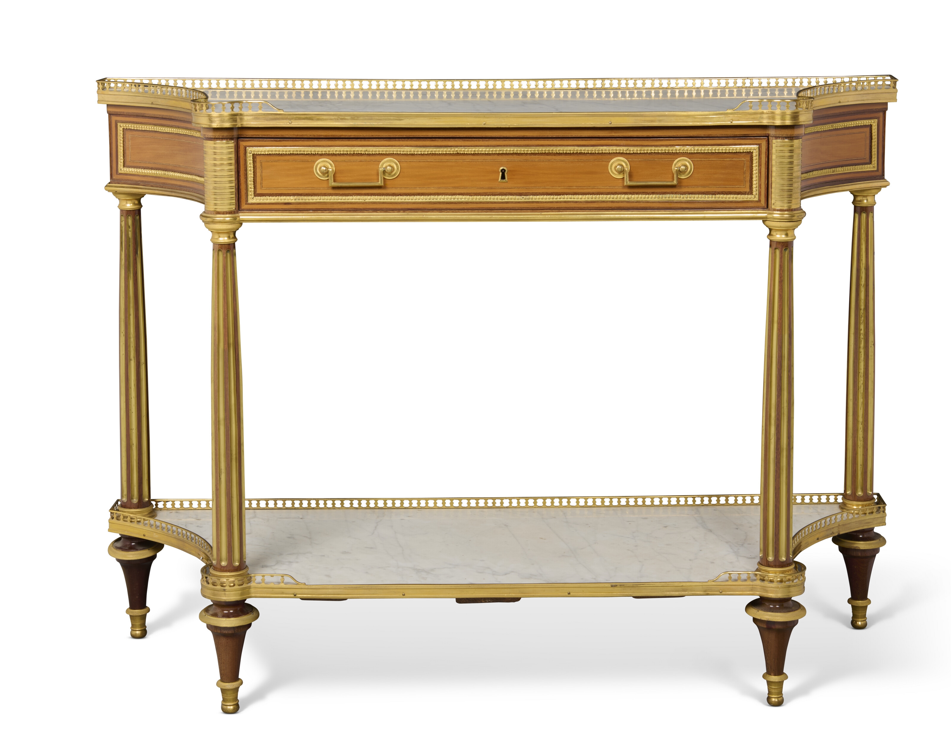 Artwork by Louis Moreau, A PAIR OF LOUIS XVI ORMOLU-MOUNTED AMARANTH AND BOIS CITRONNIER CONSOLES DESSERTES, Made of Ormolu, mounted amaranth and Lemon wood