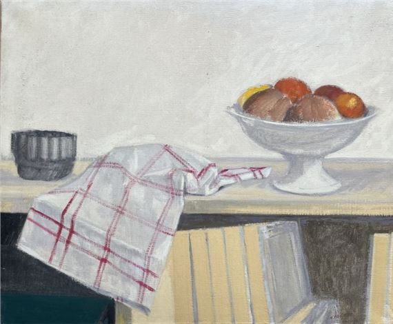Henri Van Moé (1930-1989) Untitled (Still life with fruit bowl and tea towel), Oil on canvas Signed lower right H: 54x65 cm by Henri Van Moé