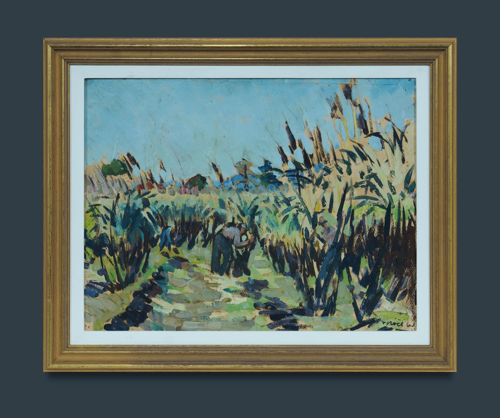 Artwork by Noel Wood, Cane Cutting, Made of Oil on Paper on Board