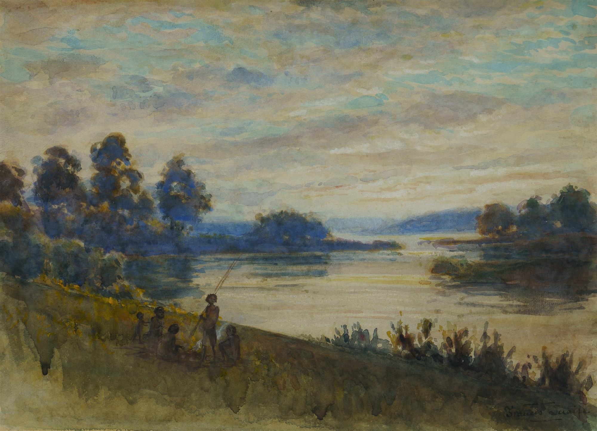 Artwork by Francis Quaife, Camp on the Riverbank at Dusk