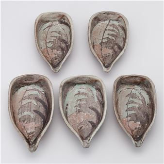 a set of five turquoise and brown glazed ceramic dishes, marked to the base - Rex Mason