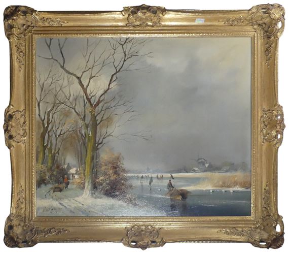 Dutch winter river skating scene with windmill by Vincent Veldhuysen