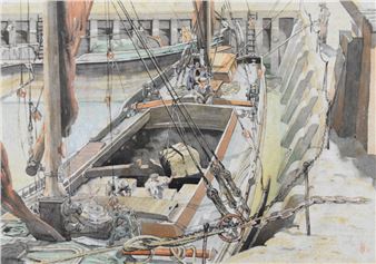 Lawrence Henry Irving (1897-1988) watercolour titled 'Unloading Thames Barge Whitstable', initialled - Laurence Henry Forster Irving
