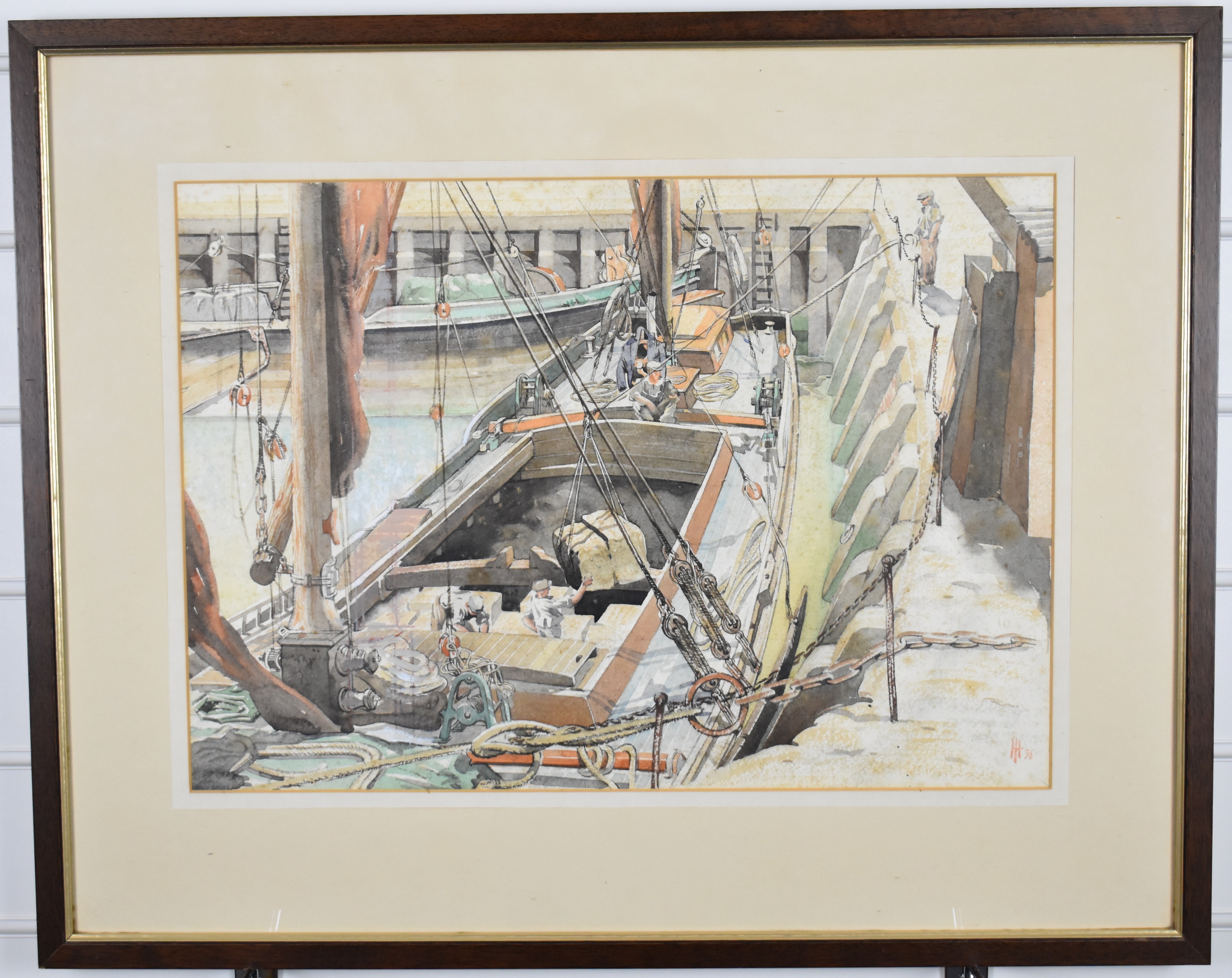 Artwork by Laurence Henry Forster Irving, Lawrence Henry Irving (1897-1988) watercolour titled 'Unloading Thames Barge Whitstable', initialled, Made of watercolour