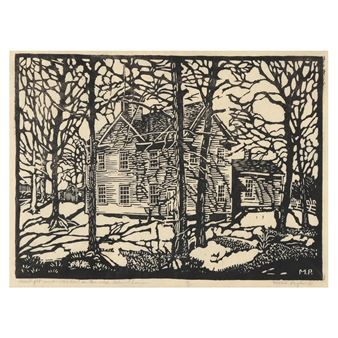A stark black-and-white woodcut of a house nestled among bare trees.