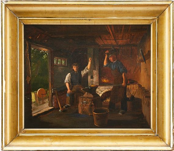 Danmark 1840-1922. Tillskriven. Arbetande män i smedjan. Olja på uppfodrad duk by Niels Anker Lund