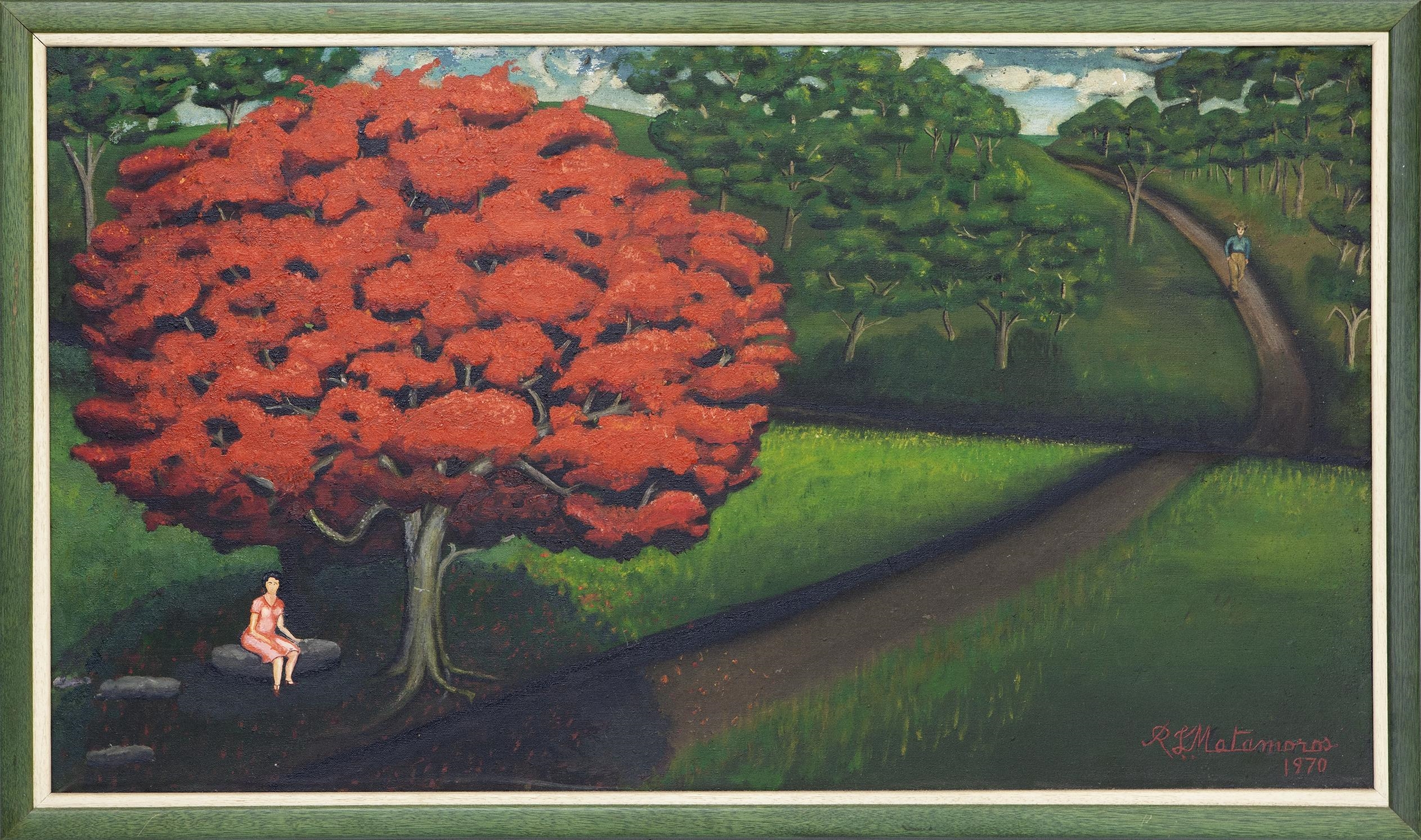 Artwork by Ruperto Jay Matamoros, Escena que muestra una muchacha sentada a la sombra de un árbol que da nombre al cuadro, Made of óleo sobre lienzo