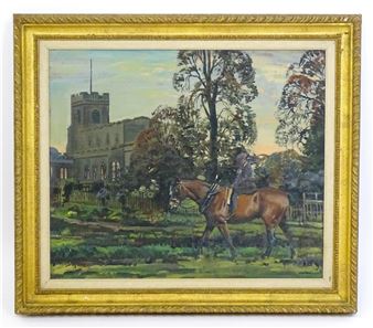 A village scene with a man on horseback with church beyond - Richard John Munro Dupont