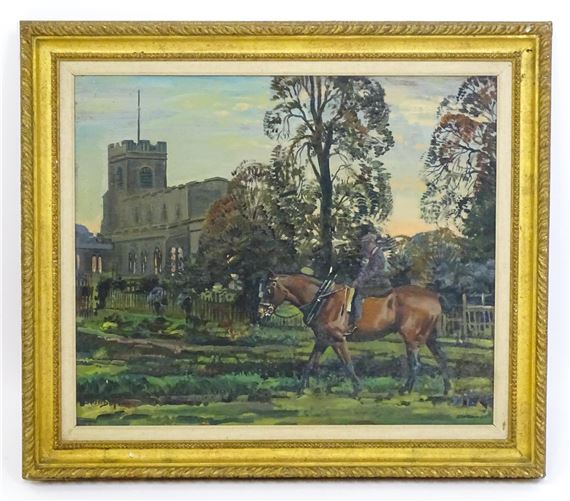 A village scene with a man on horseback with church beyond - Richard John Munro Dupont